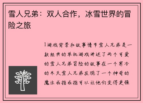 雪人兄弟：双人合作，冰雪世界的冒险之旅